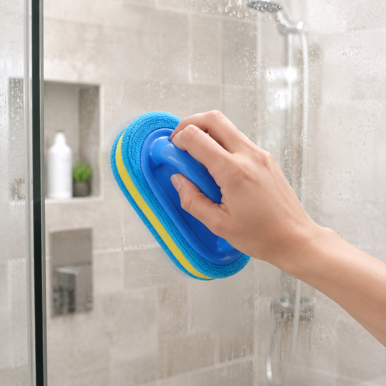 Éponge multi-surfaces Nettivo utilisée sur une paroi de douche